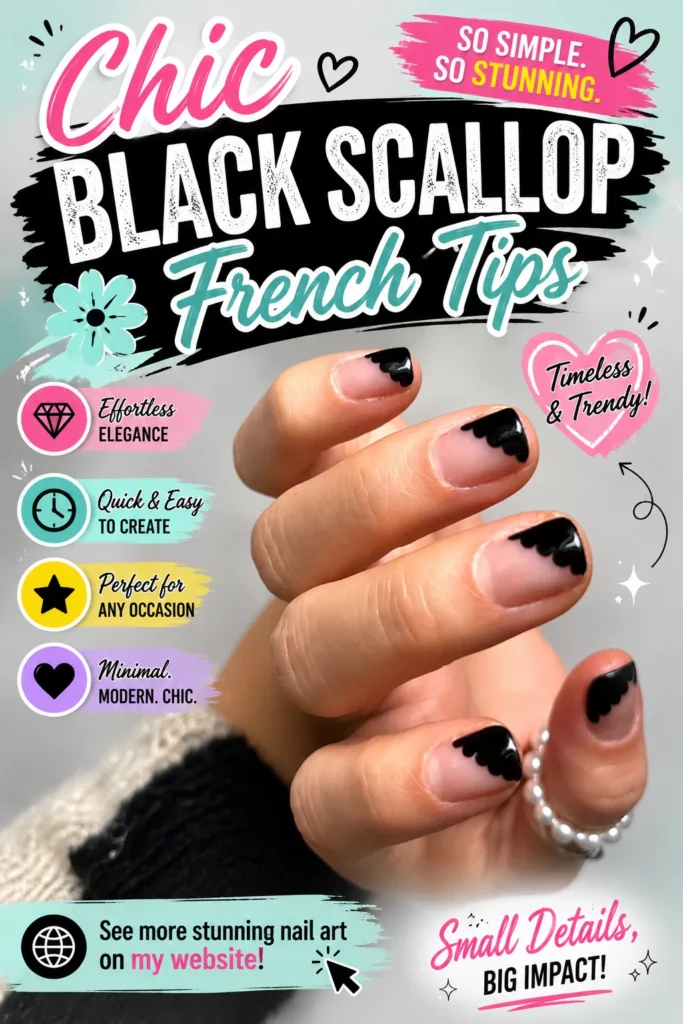 Chic black scallop French tip nails featuring glossy black curved tips on a natural nude base. Modern minimalist nail art design with elegant contrast, perfect for trendy manicures, classy nail inspiration, and stylish French tip nail ideas.