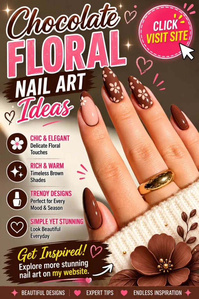 Chocolate floral nail art featuring glossy brown nails, soft flower accent details, almond-shaped manicure, elegant nail designs, trendy nails 2026, cute summer nail designs, acrylic nail inspiration, and warm classy nail ideas.