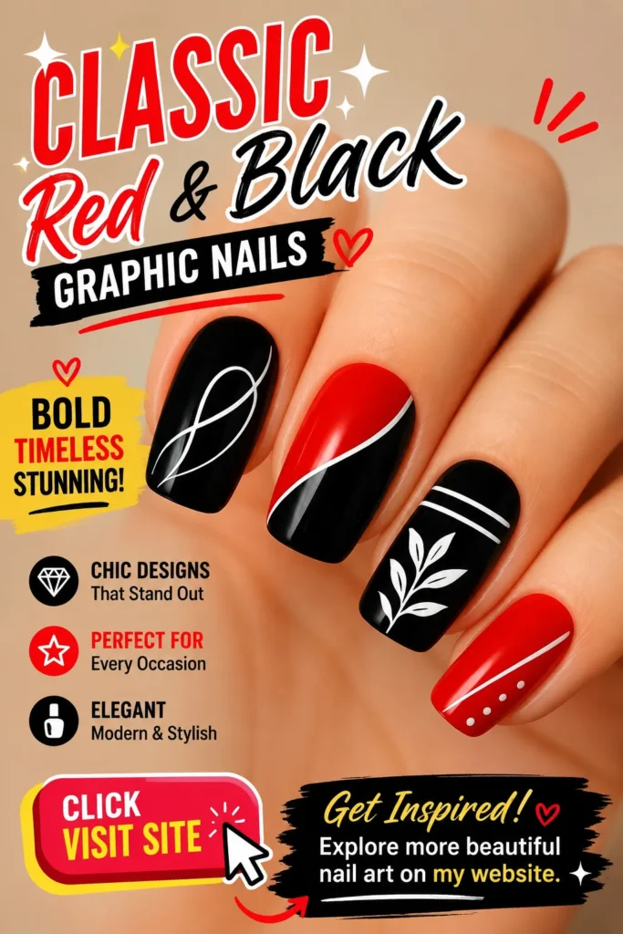 Classic red and black graphic nail art featuring glossy red and black nails, white line accents, leaf details, modern square-shaped manicure, elegant nail designs, trendy nails 2026, cute summer nail designs, acrylic nail inspiration, and bold stylish nail ideas.