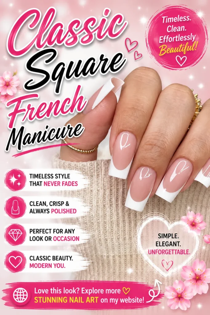 Classic Square French Manicure featuring glossy square-shaped nails with crisp white French tips and a soft pink base. Elegant nail design perfect for weddings, everyday wear, minimalist manicures, classy nail inspiration, and timeless French tip nail art.