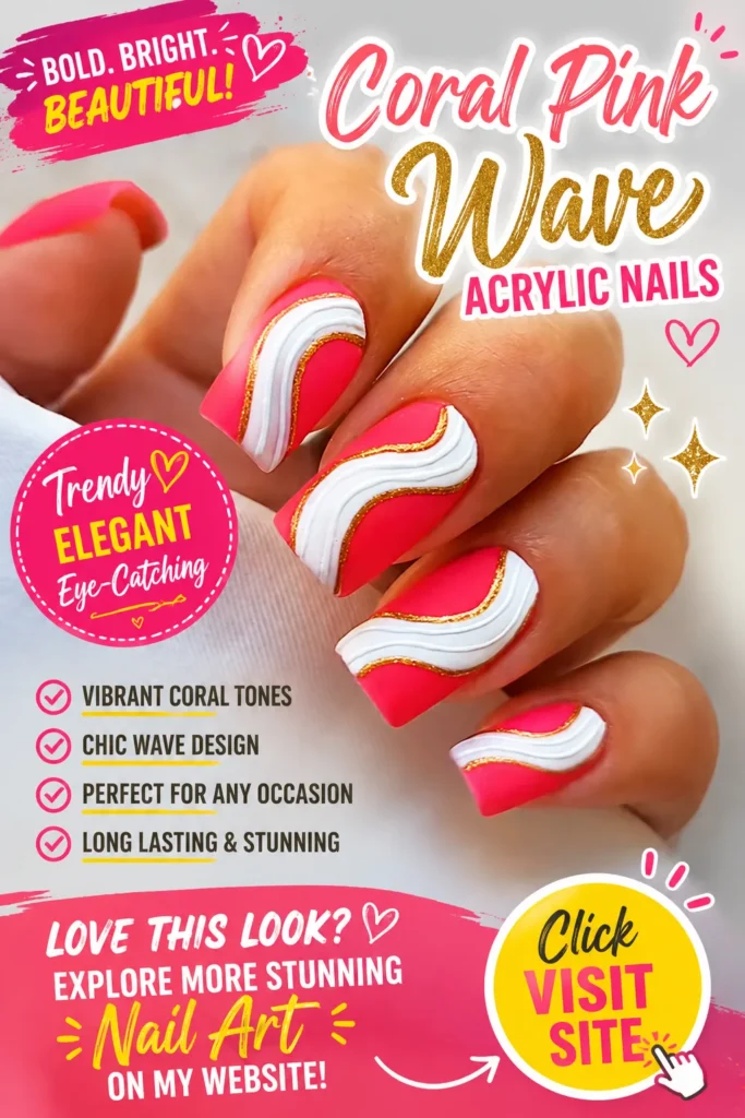 Summer Acrylic Nail Designs featuring coral pink wave acrylic nails with vibrant coral polish, raised white swirl accents, thin gold details, square-shaped manicure, cute summer nail designs, trendy nails 2026, elegant nail designs, and colorful nail art inspiration.