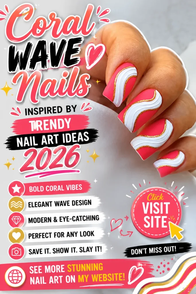Coral wave nail art featuring bright coral acrylic nails, white swirl wave accents, gold line details, square-shaped manicure, trendy nails 2026, elegant nail designs, cute summer nail designs, and modern nail art inspiration.