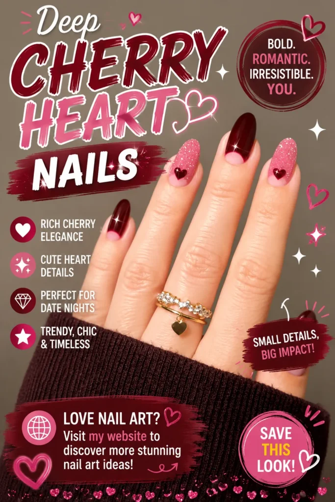 Deep Cherry Heart Nails Deep cherry heart nails featuring rich burgundy shades, glittery pink accent nails, and cute heart embellishments. Romantic nail art perfect for date nights, Valentine's Day inspiration, elegant manicures, and trendy nail designs.