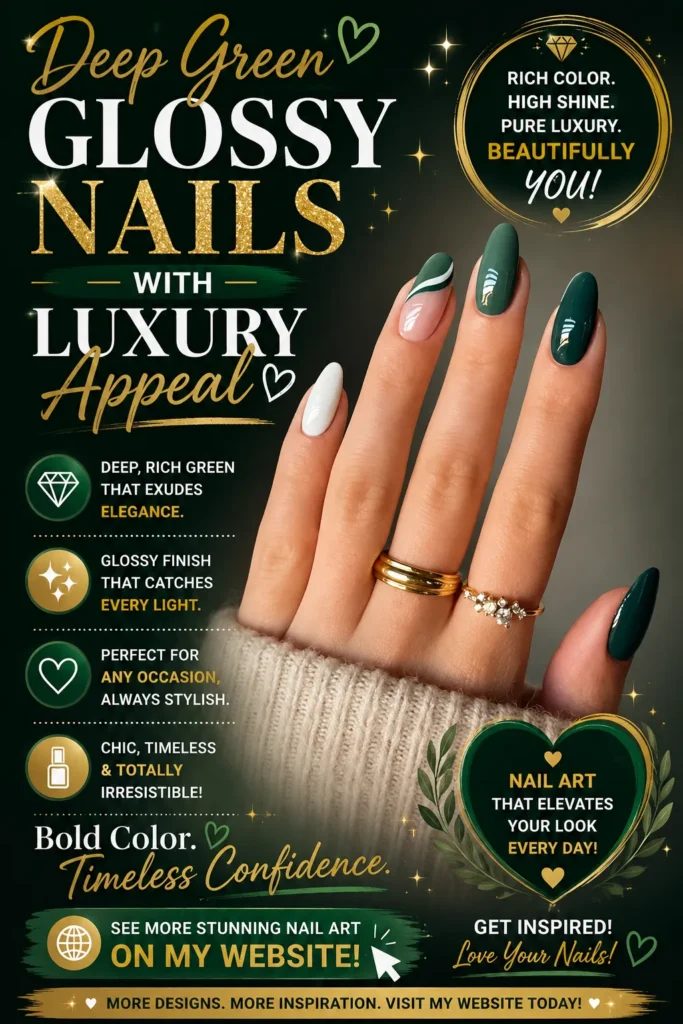 Deep green glossy nail design featuring elegant almond-shaped nails with a rich emerald green finish and modern accent details. Luxury nail art inspiration perfect for trendy manicures, chic nail designs, sophisticated nail looks, and 2026 nail trends.