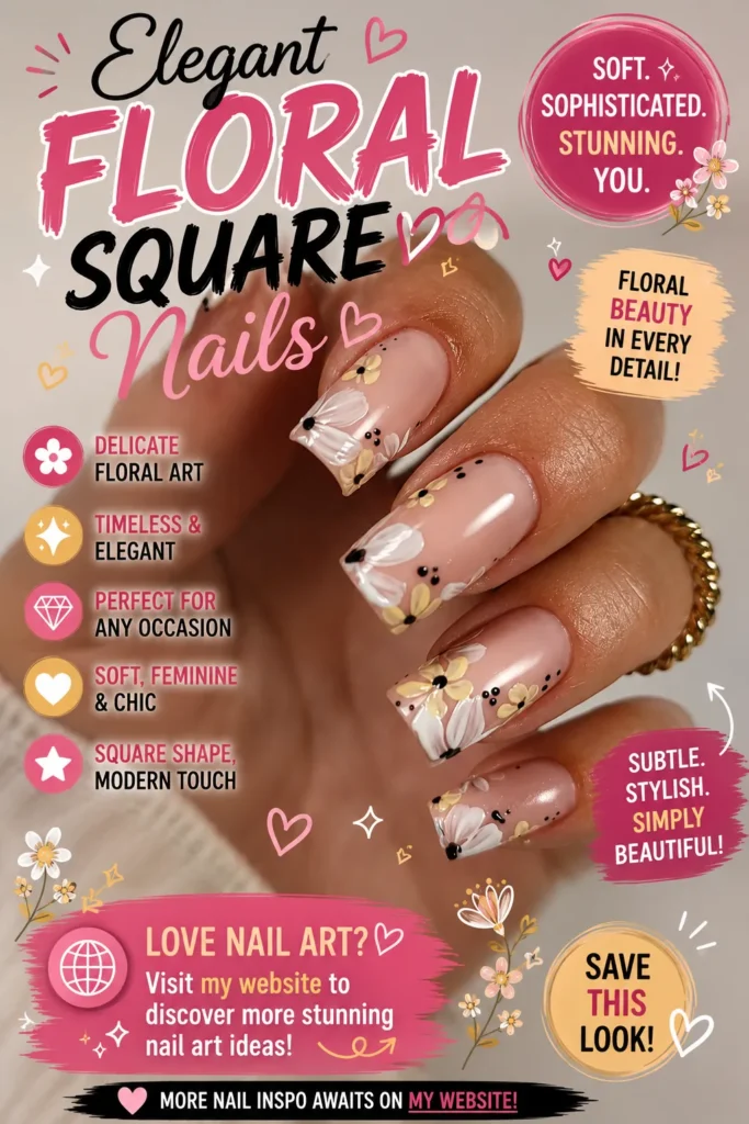 Elegant Floral Square Nails Elegant Floral Square Nails featuring soft pink square-shaped nails with delicate white and beige floral artwork, glossy finish, and feminine details. A classy and timeless nail art design perfect for weddings, special occasions, and trendy manicures in 2026.