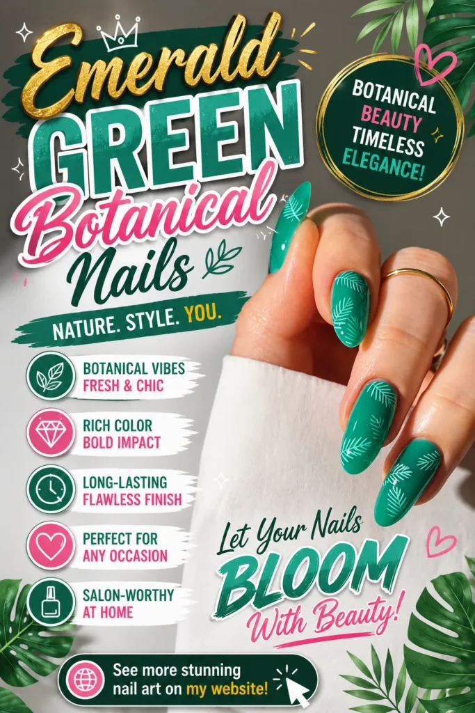Emerald green botanical nail design featuring glossy almond-shaped nails with delicate white leaf patterns. Elegant nature-inspired manicure with rich green tones, trendy nail art details, and a chic botanical aesthetic perfect for stylish everyday wear.