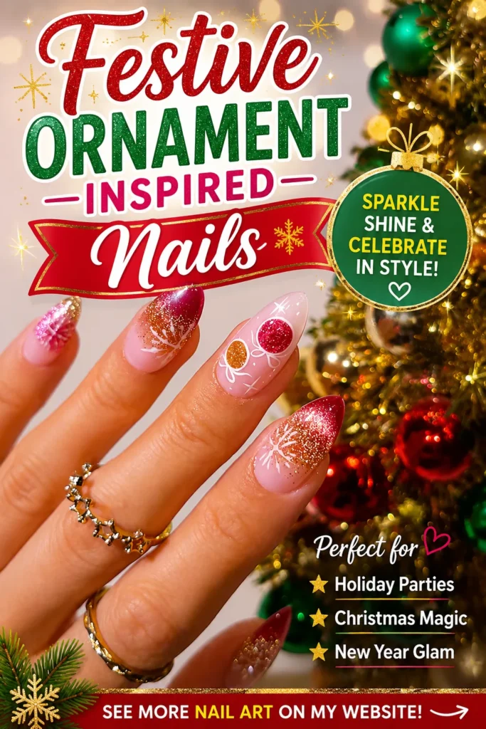 Festive almond nails featuring glittery red and gold ornament nail art, delicate snowflake details, and a glossy finish. Elegant Christmas-inspired manicure perfect for holiday parties, winter celebrations, and glamorous seasonal nail inspiration.