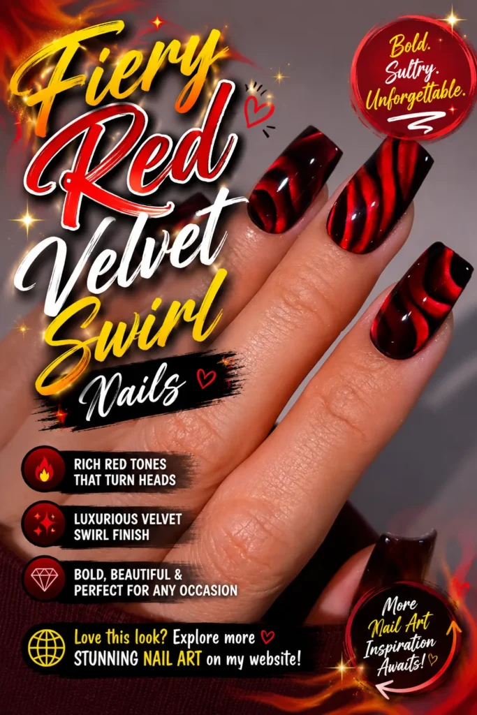 Fiery red velvet swirl nail art featuring rich red tones, deep black swirl accents, glossy square-shaped manicure, trendy nails 2026, elegant nail designs, cute summer nail designs, acrylic nail inspiration, and bold glamorous nail ideas.