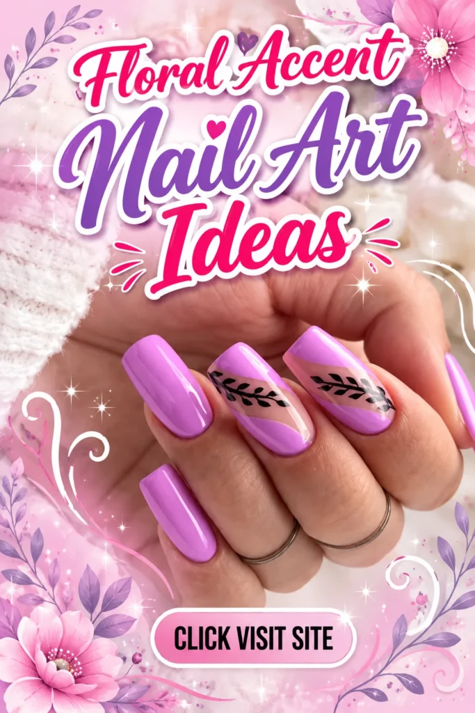 Trendy Nail Art Ideas 2026 featuring lavender floral accent nails with glossy purple polish, black leaf details, soft feminine styling, acrylic nail inspiration, elegant nail designs, cute summer nail designs, and modern floral manicure ideas.
