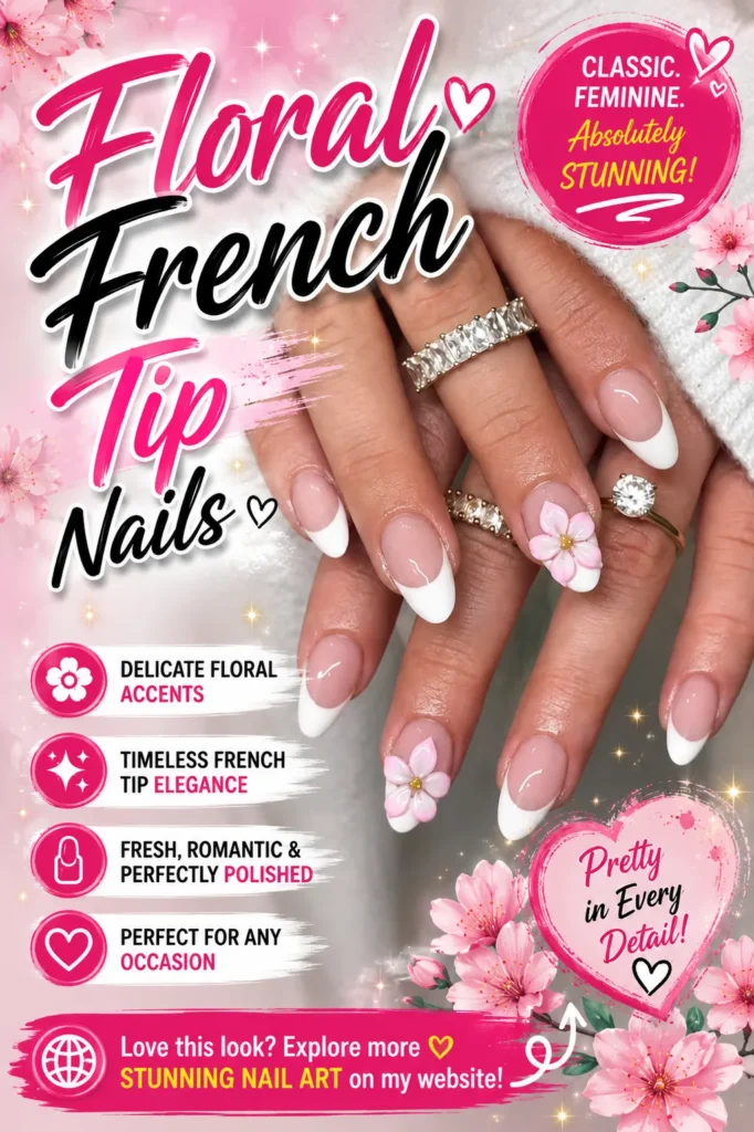 Floral French Tip Nails featuring classic white French tips, delicate pink flower accents, elegant almond-shaped manicure, cute summer nail designs, bridal nail inspiration, classy nail art, feminine manicure ideas, and trendy nails 2026.