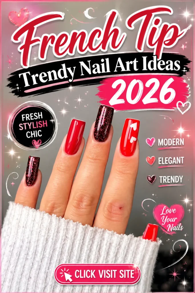 Trendy Nail Art Ideas 2026 featuring French tip nail art with glossy red nails, black glitter accent nails, cute heart details, and stylish square-shaped manicure inspiration. Trendy nails 2026, elegant nail designs, acrylic nail ideas, red nail art, and modern French tip nails for a chic look.