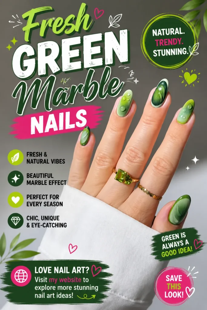 Fresh Green Marble Nails Fresh green marble nails with glossy botanical green shades, elegant marble swirls, and almond-shaped nails. Trendy nail art featuring nature-inspired colors, chic manicure ideas, stylish green nails, and modern nail design inspiration.