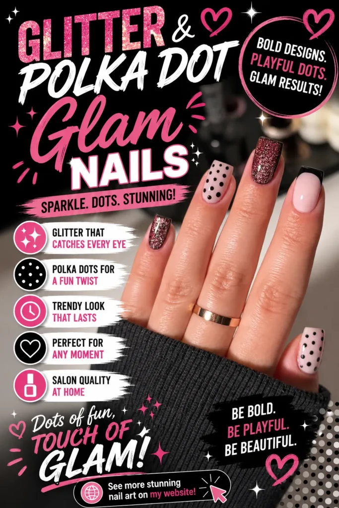 Glitter and polka dot glam nail design featuring sparkling glitter accent nails, black polka dot details on soft pink nails, and elegant black French tips. Trendy manicure with a playful yet sophisticated style, perfect for fashion-forward nail art lovers.