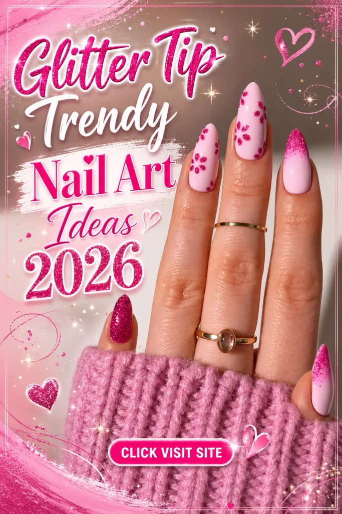 Trendy Nail Art Ideas 2026 featuring pink glitter floral nails with glossy almond-shaped tips, sparkling pink accents, delicate flower details, feminine manicure inspiration, cute summer nail designs, elegant nail designs, and trendy nails 2026 for a stylish salon look.