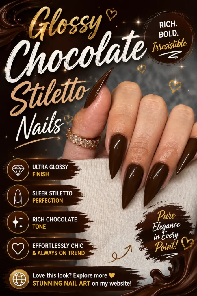 Glossy Chocolate Stiletto Nails featuring deep brown nail polish, ultra-shiny finish, long stiletto-shaped nails, elegant nail designs, trendy nails 2026, classy manicure inspiration, brown nail ideas, and sophisticated nail art.