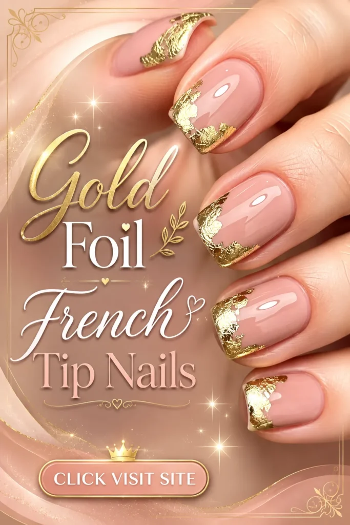 Trendy Nail Art Ideas 2026 featuring gold foil French tip nails with a glossy soft pink base, sparkling metallic gold accents, elegant nail designs, acrylic nail inspiration, cute summer nail designs, trendy nails 2026, and luxury manicure ideas.