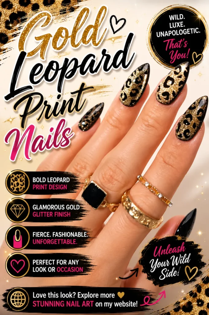 Gold leopard print nails with black and gold glitter accents on almond-shaped nails. Bold luxury nail art featuring animal print designs, glamorous sparkle, and fashionable manicure inspiration perfect for trendy nail designs, statement nails, and special occasions.