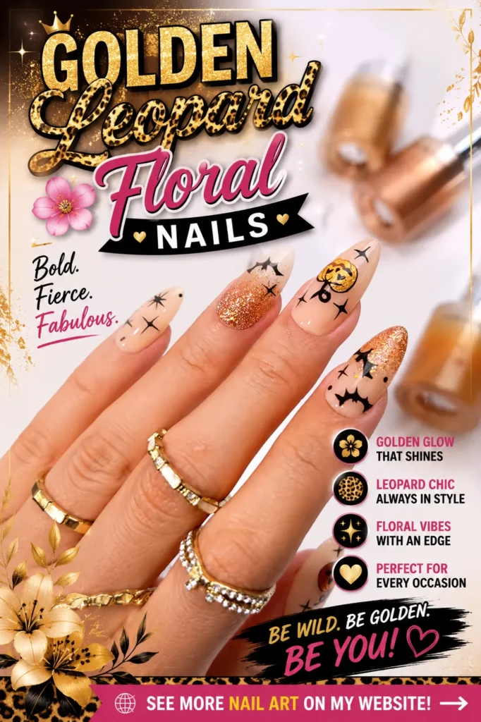 Elegant almond nails featuring gold glitter, leopard print accents, floral details, and glossy nude tones. A luxury nail art design combining animal print, sparkling gold, and floral elegance for a bold, fashionable manicure