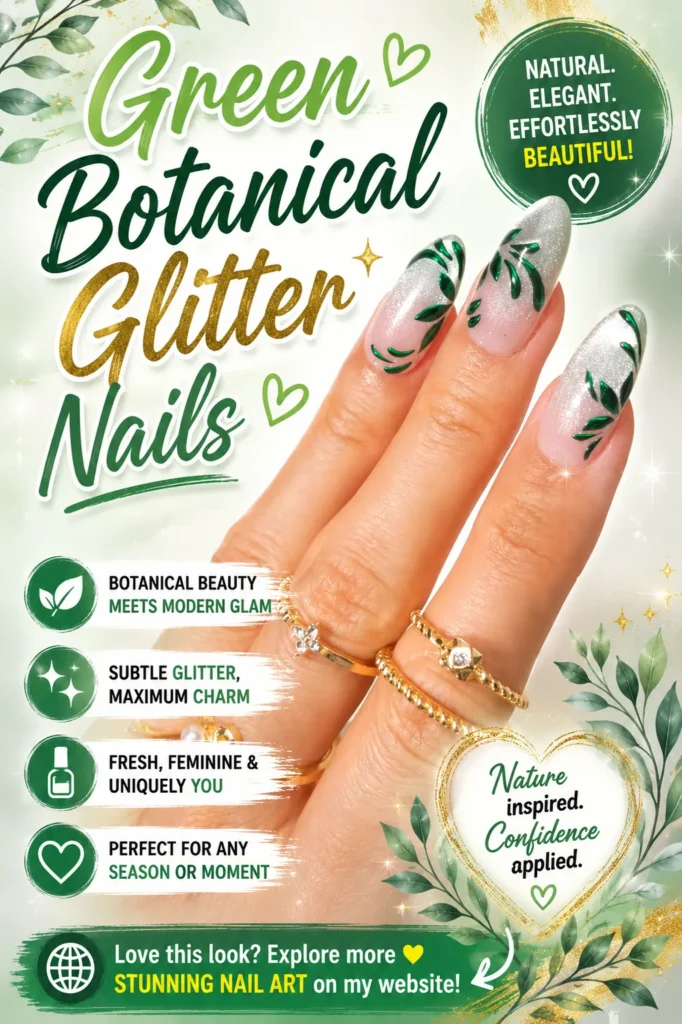 Green Botanical Glitter Nails featuring delicate leaf patterns, soft silver glitter accents, and elegant almond-shaped nails. Nature-inspired nail art with fresh green details, classy manicure styling, and trendy nail design inspiration perfect for spring, summer, and everyday wear.