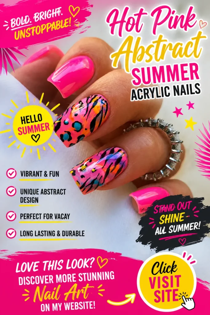 Summer Acrylic Nail Designs featuring hot pink abstract acrylic nails with bright pink polish, colorful accent nails, bold abstract patterns, square-shaped manicure, trendy summer nail art, and eye-catching nail inspiration for a fun seasonal look.