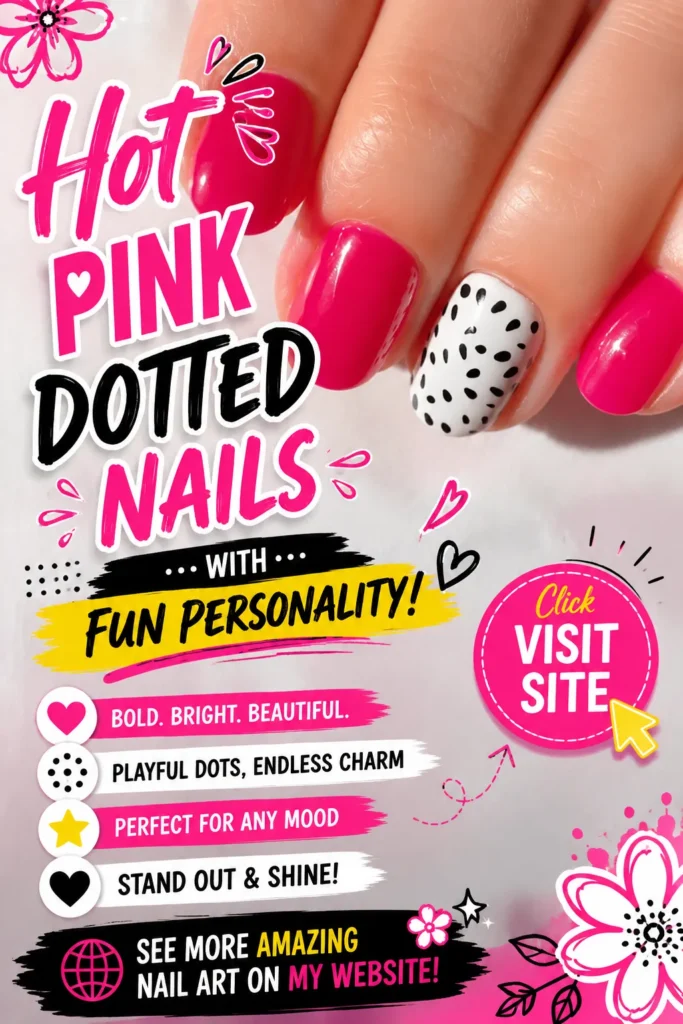 Hot pink dotted nail art featuring glossy pink nails, a white accent nail with black dot details, short manicure style, cute summer nail designs, trendy nails 2026, acrylic nail inspiration, and fun colorful nail art ideas.