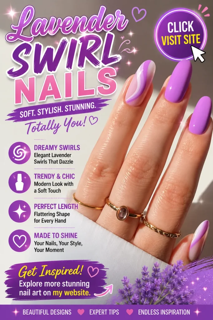 Lavender swirl nail art featuring glossy purple nails, soft swirl accent details, almond-shaped manicure, elegant nail designs, trendy nails 2026, cute summer nail designs, acrylic nail inspiration, and soft stylish nail ideas.