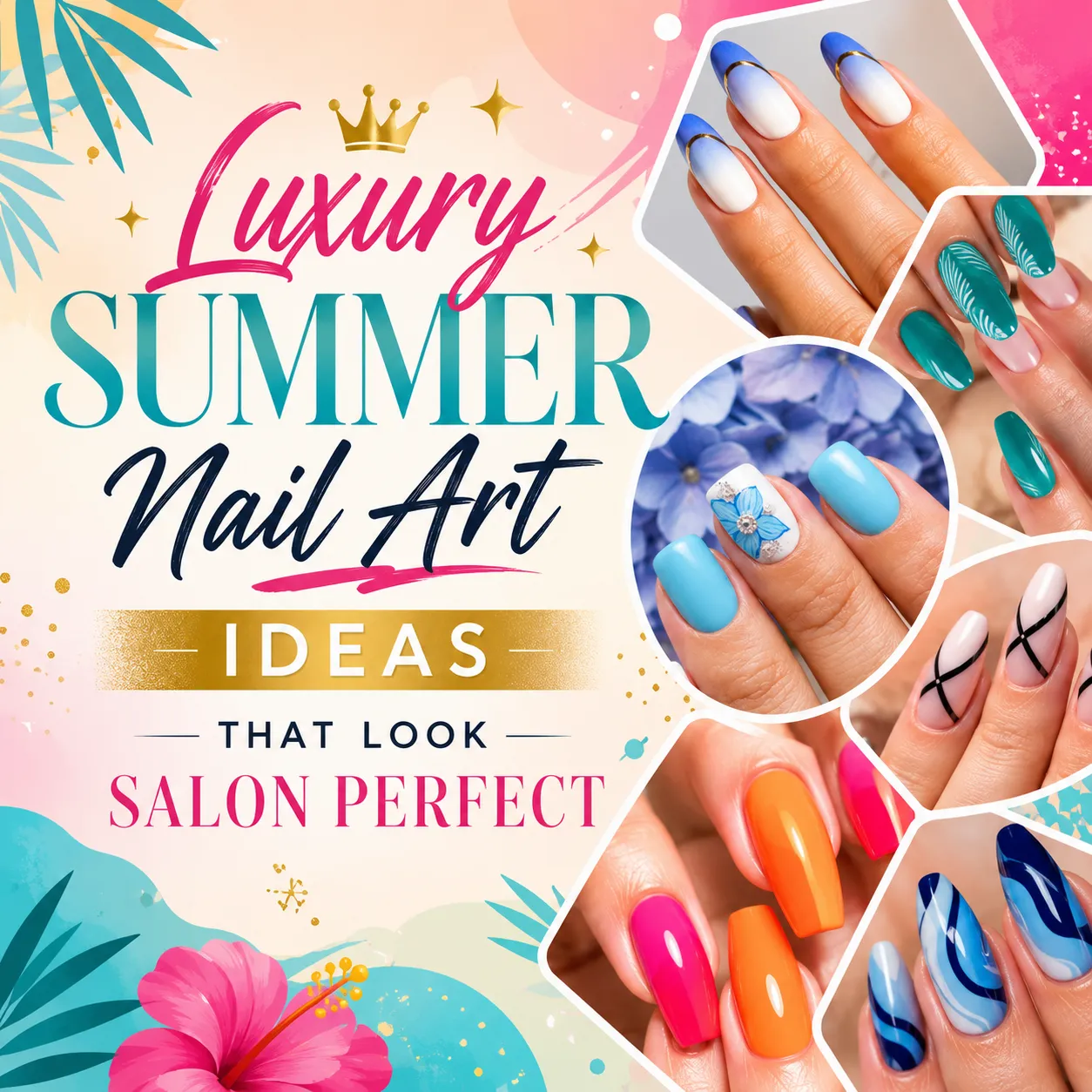 Luxury summer nail art collection featuring floral blue nails, elegant French tips, marble swirls, crystal accents, and modern salon-inspired designs.