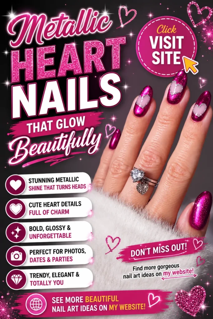 Metallic heart nail art featuring glossy pink chrome nails, sparkling heart accent designs, almond-shaped acrylic manicure, elegant nail designs, trendy nails 2026, cute summer nail designs, and romantic nail art inspiration.