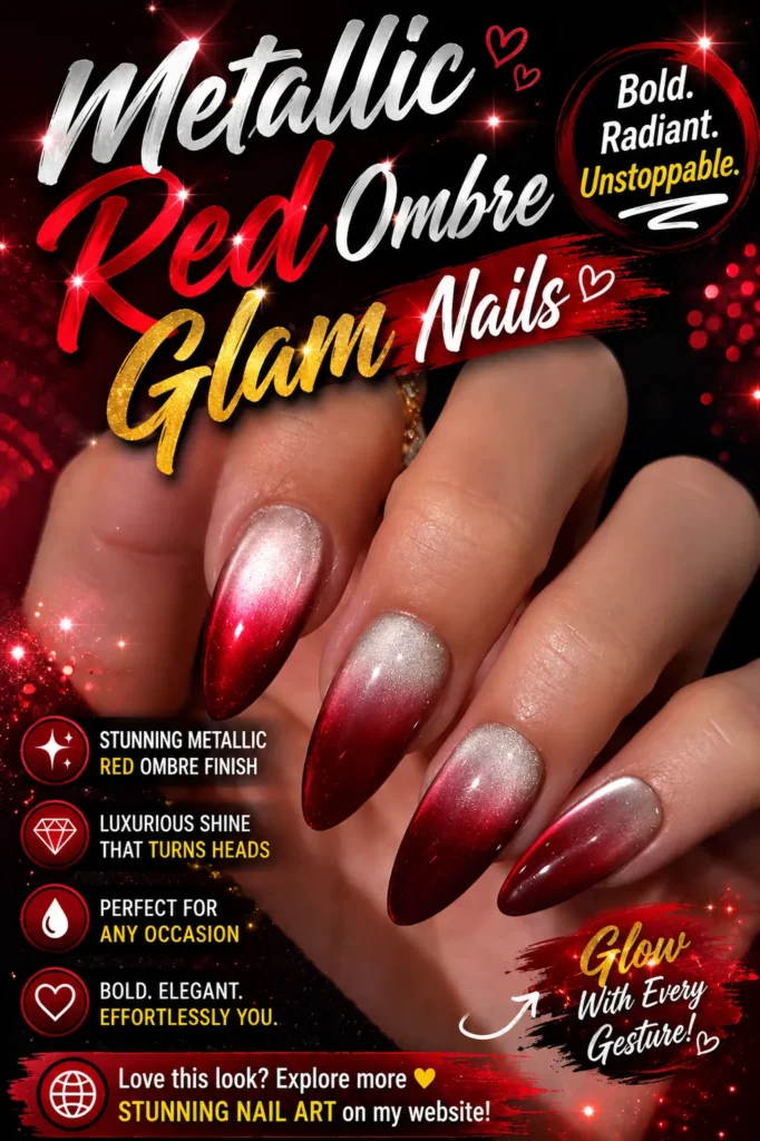 Metallic Red Ombre Glam Nails featuring a silver-to-red chrome ombre finish on almond-shaped nails, elegant nail designs, glamorous manicure inspiration, trendy nails 2026, red chrome nails, acrylic nail ideas, and bold luxury nail art.
