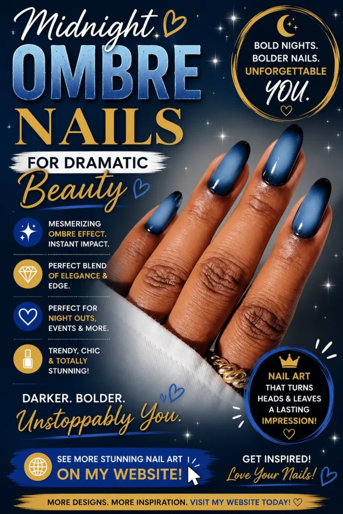 Midnight ombre nail design featuring almond-shaped nails with a dramatic blue-to-black gradient finish. Elegant dark nail art inspiration perfect for trendy nails, modern manicures, statement nail designs, and 2026 nail trends.
