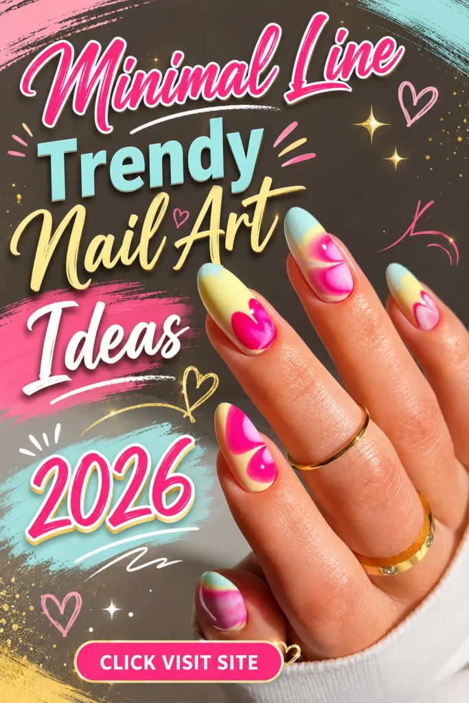 Trendy Nail Art Ideas 2026 featuring minimal line color block nails with pastel yellow, pink, and blue shades, glossy almond-shaped manicure, heart-inspired accents, cute summer nail designs, trendy nails 2026, acrylic nail ideas, and elegant nail designs for a fresh stylish look.