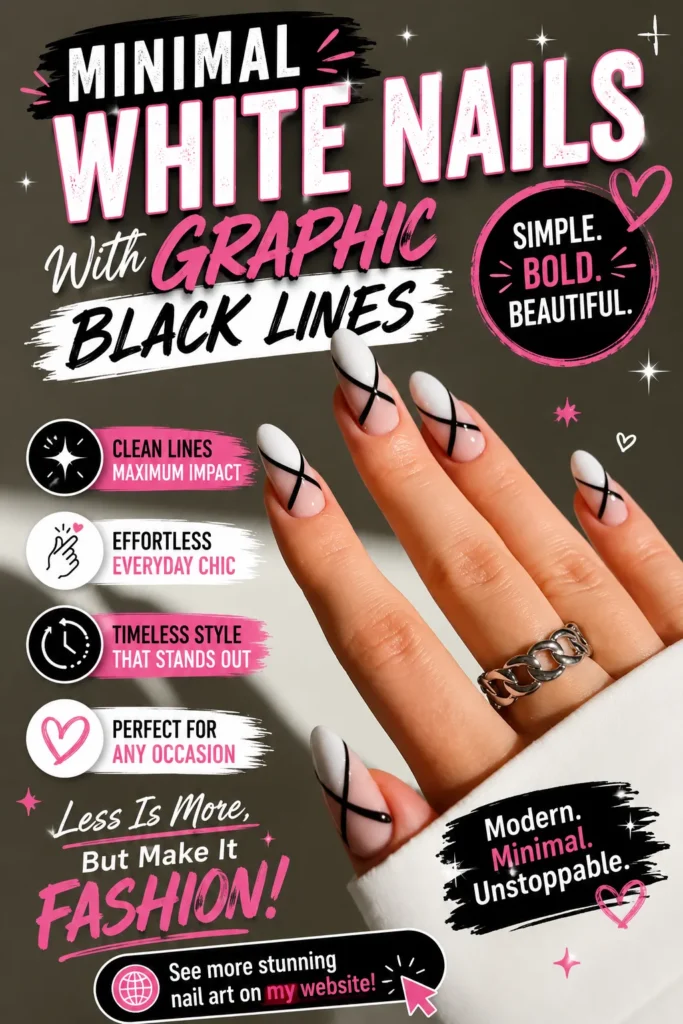 Minimal white nail design featuring graphic black line art on almond-shaped nails. Modern geometric manicure with clean lines and elegant contrast, perfect for minimalist nail lovers, trendy nail art inspiration, and stylish everyday manicures.