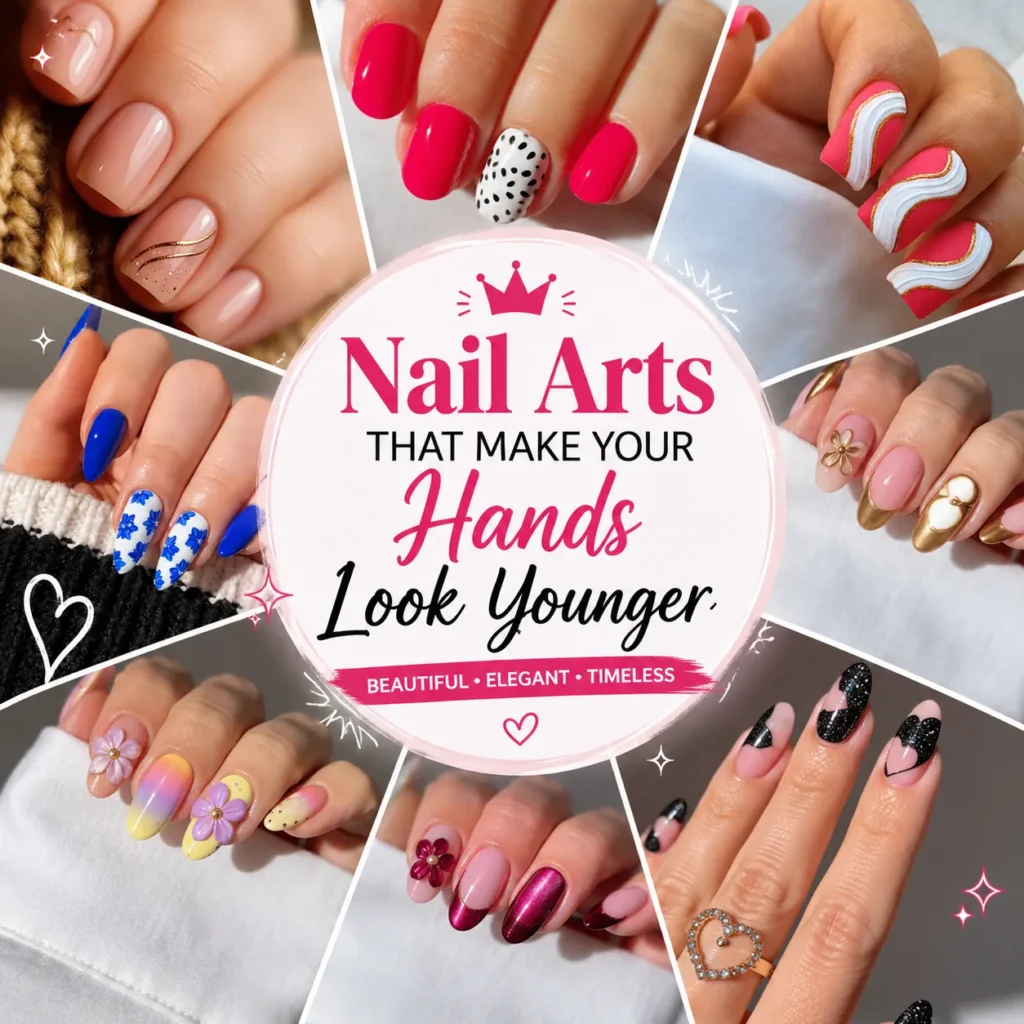 Trendy Nail Art Ideas 2026 featuring youthful floral nails, pastel manicures, metallic accents, and elegant nail art designs for a fresh stylish look.