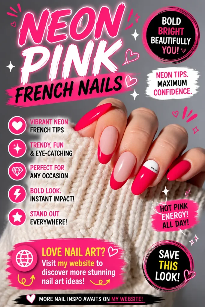 Neon Pink French Nails Neon Pink French Nails featuring bright hot pink French tips on glossy almond-shaped nails. A bold and trendy nail art design perfect for summer, vacations, parties, and fashionable manicures in 2026.