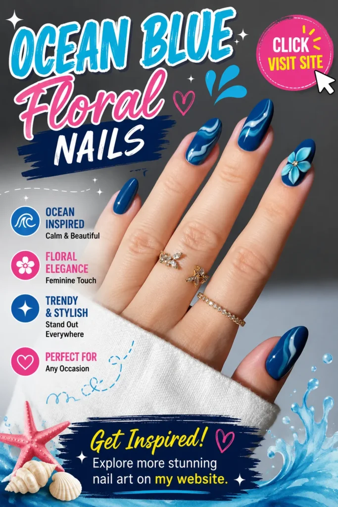 Ocean blue floral nail art featuring glossy blue nails, soft wave details, delicate blue flower accents, elegant nail designs, trendy nails 2026, cute summer nail designs, acrylic nail inspiration, and ocean-inspired manicure ideas.