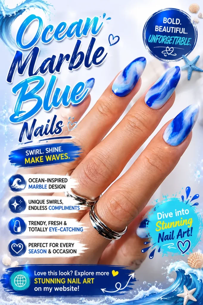 Ocean Marble Blue Nails featuring blue and white marble swirl nail art inspired by ocean waves, trendy almond-shaped manicure, elegant nail designs, summer nail inspiration, beach nails, acrylic nail ideas, and stylish blue nail trends.
