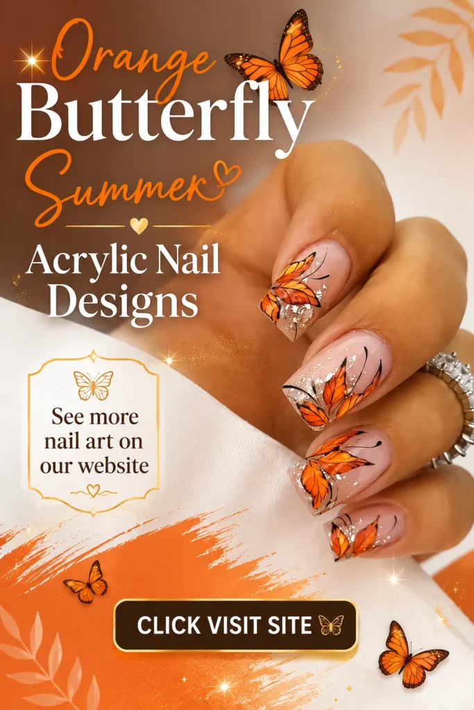 Summer Acrylic Nail Designs featuring orange butterfly nail art with warm orange accents, delicate butterfly details, glitter touches, acrylic nail inspiration, cute summer nail designs, trendy nails 2026, and elegant nail designs for a bright seasonal manicure.