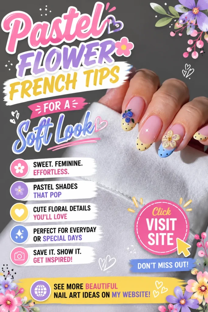Pastel flower French tip nails featuring soft yellow and blue tips, cute floral accent details, dotted nail art, glossy manicure style, cute summer nail designs, trendy nails 2026, elegant nail designs, and pastel acrylic nail inspiration.