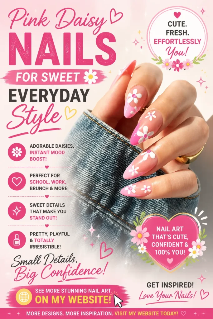 Pink daisy nail design featuring glossy pink almond nails decorated with white daisy flowers. Cute floral nail art inspiration perfect for summer nail designs, feminine manicures, trendy nail ideas, and stylish everyday nails.