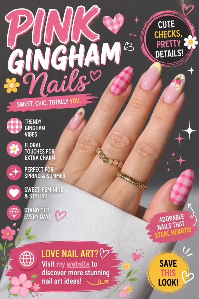 Pink Gingham Nails Pink gingham nails with soft pink polish, floral accents, and cute checkered nail art. Feminine summer manicure featuring trendy gingham patterns, spring-inspired details, and stylish nail design ideas for 2026.