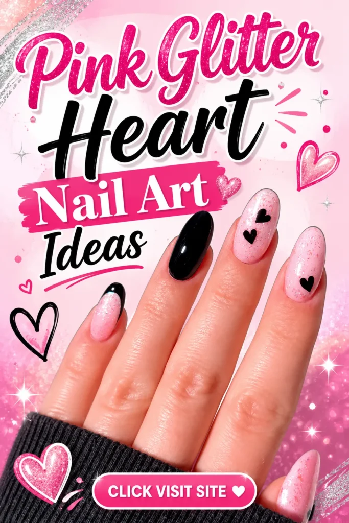 Trendy Nail Art Ideas 2026 featuring pink glitter heart nails with glossy black accent nails, sparkling pink shimmer, and romantic heart details. Stylish nail art inspiration with trendy nails 2026, feminine manicure ideas, acrylic nail designs, cute nail trends, and elegant pink nail art.