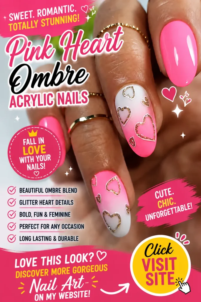 Summer Acrylic Nail Designs featuring pink heart ombre acrylic nails with glossy pink polish, white ombre accents, glitter heart details, almond-shaped manicure, cute summer nail designs, trendy nails 2026, and romantic nail art inspiration.