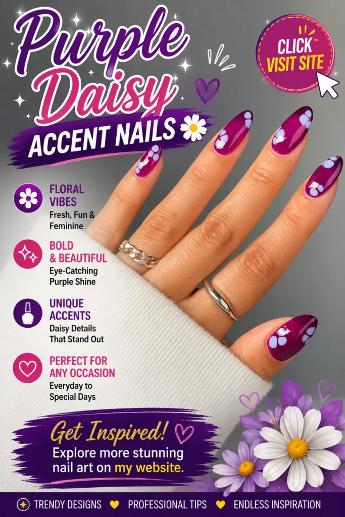 Purple daisy accent nail art featuring glossy purple nails, soft white daisy details, almond-shaped manicure, elegant nail designs, trendy nails 2026, cute summer nail designs, acrylic nail inspiration, and feminine floral nail ideas.