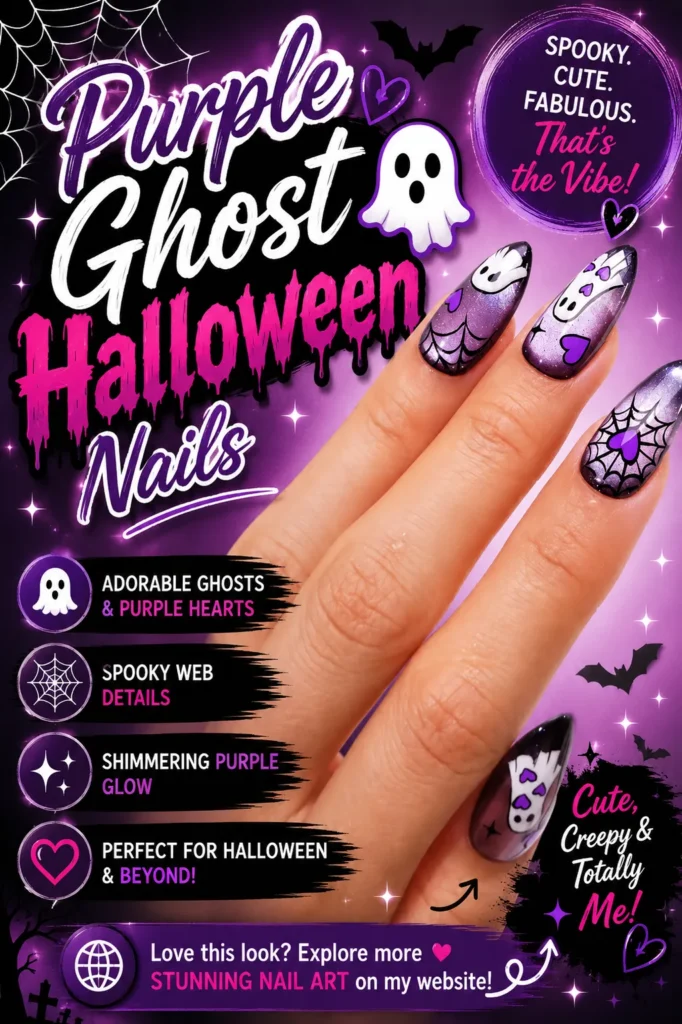 Purple Ghost Halloween nails featuring cute ghost characters, spider web nail art, purple hearts, and shimmering purple accents. Fun and stylish Halloween manicure inspiration perfect for spooky season, fall nail designs, trendy nail art, and creative acrylic nail ideas.