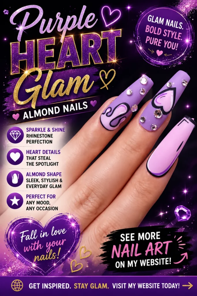 Purple almond-shaped nail design featuring heart nail art, sparkling rhinestones, glossy lavender polish, and modern black outline details. Glamorous purple manicure perfect for stylish nail art inspiration and trendy fashion looks.