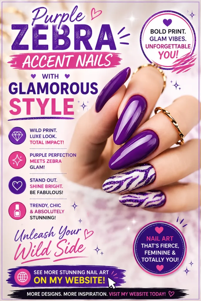 Purple zebra accent nails featuring glossy purple almond-shaped nails with glitter zebra print accent designs. Bold and glamorous nail art perfect for statement manicures, trendy fashion looks, animal print nail lovers, and 2026 nail trend inspiration.
