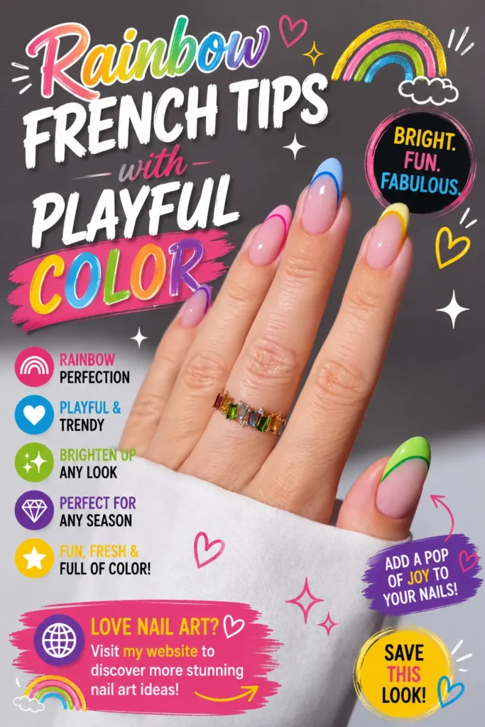 Rainbow French Tips With Playful Color Rainbow French tip nails with colorful curved tips in pink, blue, yellow, green, and purple. Bright and playful nail art featuring a modern French manicure, trendy summer nail design, and fun colorful manicure inspiration.