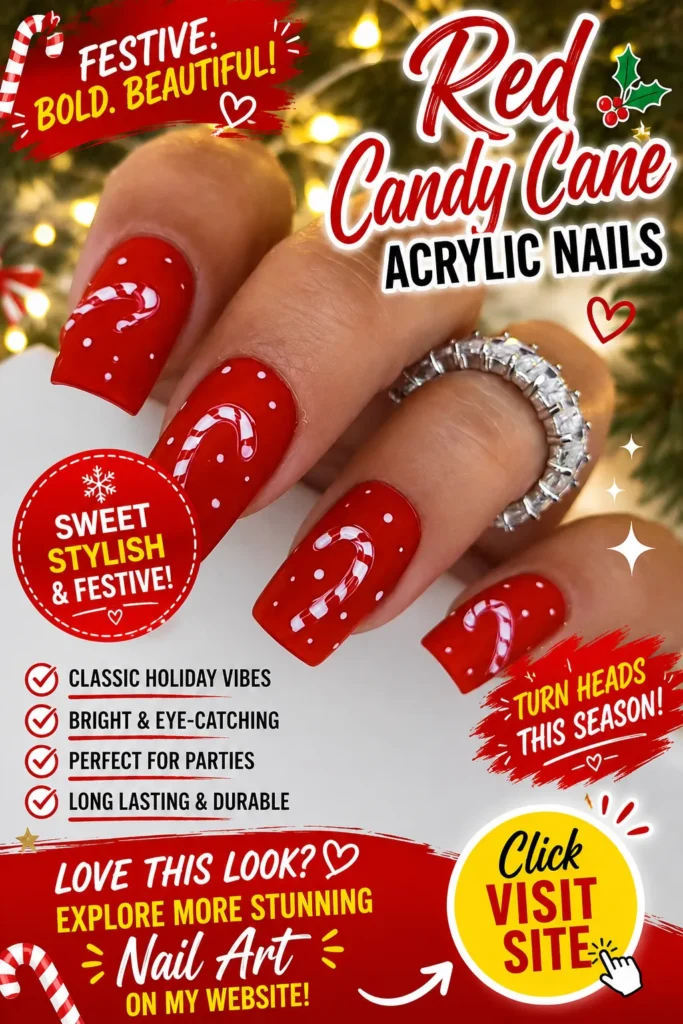 Summer Acrylic Nail Designs featuring red candy cane acrylic nails with glossy red polish, white candy cane accents, tiny dot details, square-shaped manicure, festive nail art inspiration, cute summer nail designs, trendy nails 2026, and bold acrylic nail ideas.