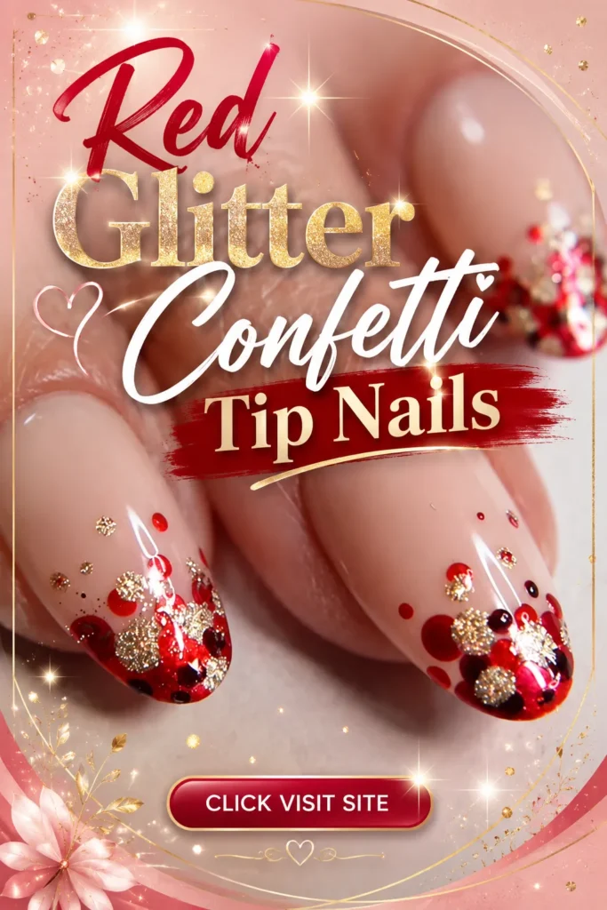 Trendy Nail Art Ideas 2026 featuring red glitter confetti tip nails with glossy soft pink base, sparkling red and gold glitter accents, elegant nail designs, French tip nail inspiration, acrylic nail ideas, cute summer nail designs, and trendy nails 2026 for a glamorous manicure look.