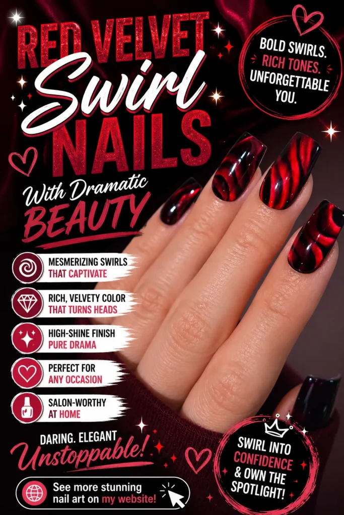 Red velvet swirl nail design featuring glossy black and deep red wave patterns on square-shaped nails. Elegant luxury manicure with dramatic swirl nail art, rich velvet-inspired tones, and a bold fashion-forward style perfect for special occasions and trendy nail lovers.